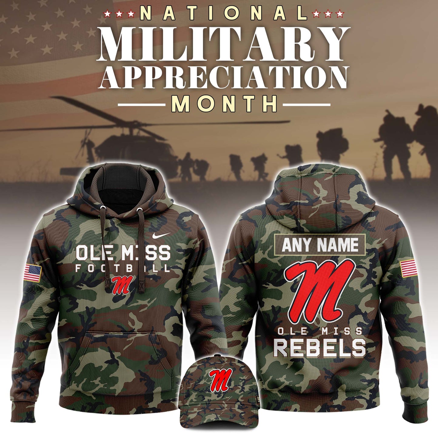 Premium NCAA Camo Gear - Ole Miss 2025 Military Appreciation Club Fleece Pullover Hoodie – Camo