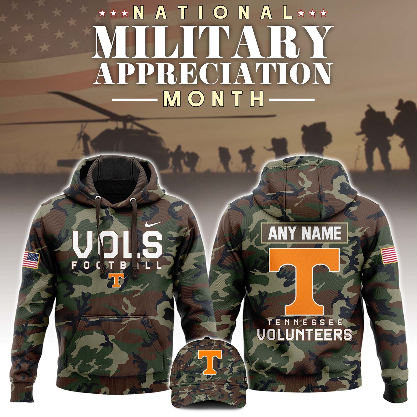 Premium NCAA Camo Gear - Tennessee Volunteers 2025 Military Appreciation Club Pullover Hoodie Camo