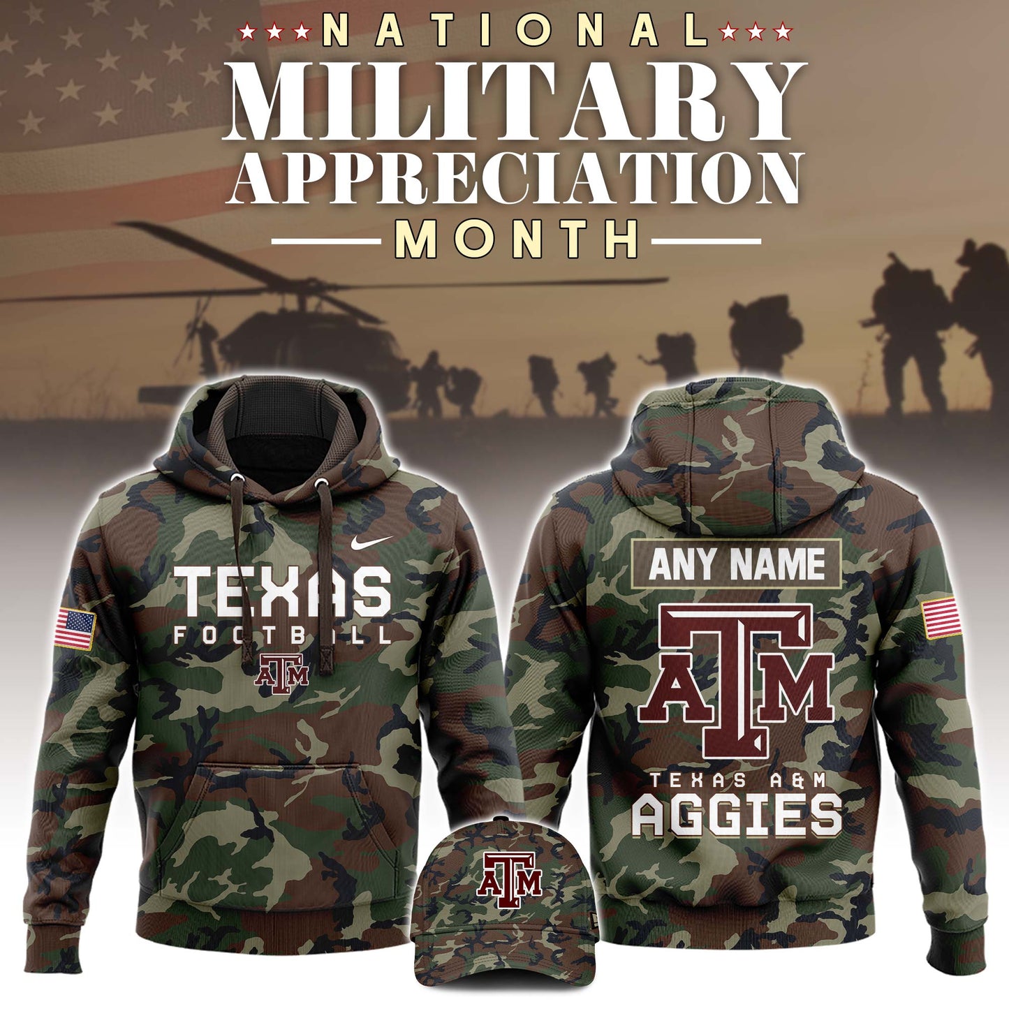 Premium NCAA Camo Gear - Texas A&M Football 2025 Military Appreciation Club Hoodie