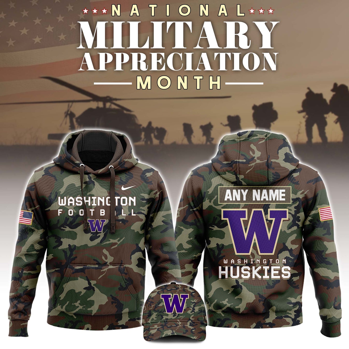 Premium NCAA Camo Gear - Washington Huskies Football 2025 Military Appreciation Club Hoodie