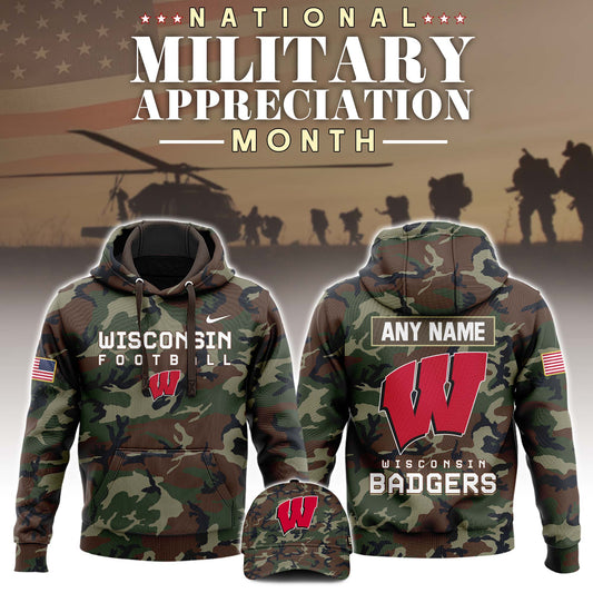 Premium NCAA Camo Gear - Wisconsin Football 2025 Military Appreciation Club Hoodie