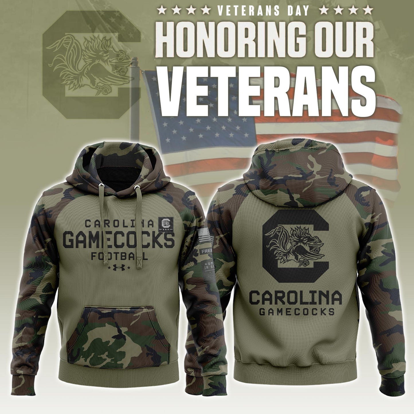 Premium South Carolina Gamecocks Gear - South Carolina Gamecocks 2024 Military Appreciation Club Pullover Hoodie Camo