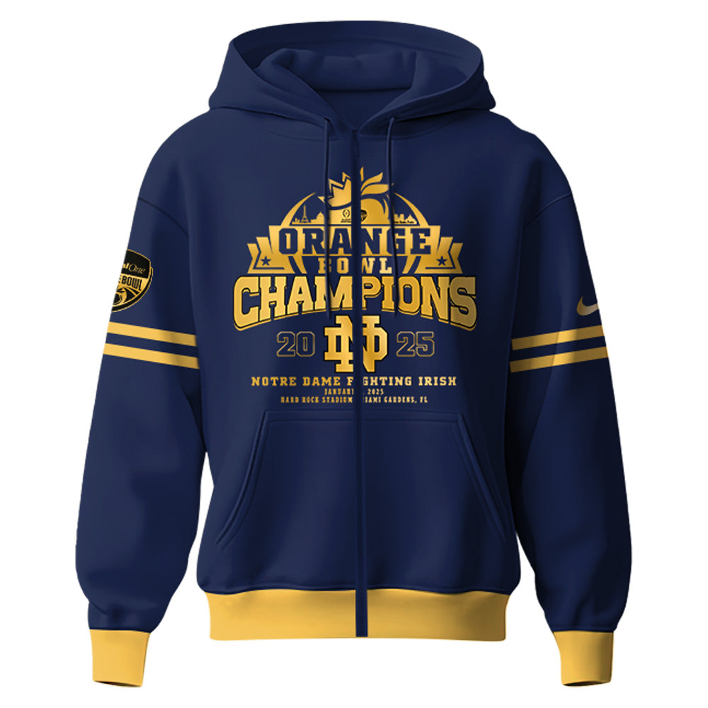 Notre Dame Fighting Irish NCAA Orange Bowl Champions Limited Edition  ZIP Hoodie 2025 Golden-Navy