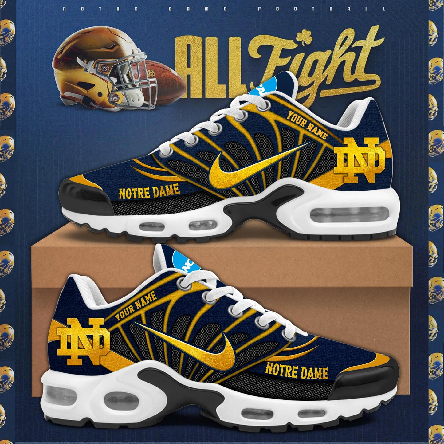 Premium Notre Dame Football Merch - Notre Dame Fighting Irish 2025 TN Plus Sneakers Golden Edition - Be Bold, Be Gold: Notre Dame Fan Wear!