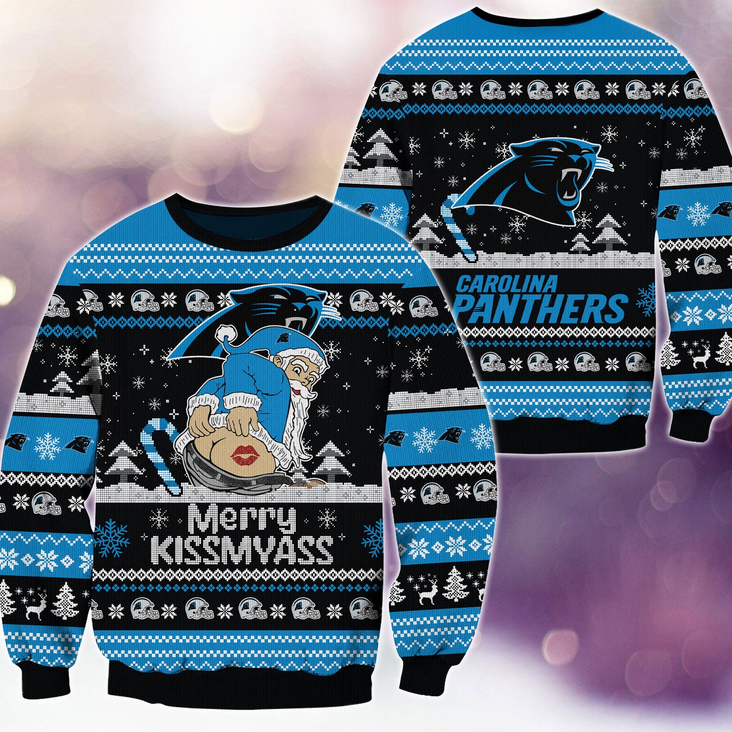 Premium Ugly Christmas Sweater For Carolina Panthers  - Carolina Panthers Merrykissmyass Knitted Sweater - Unique Christmas Gift For Fan