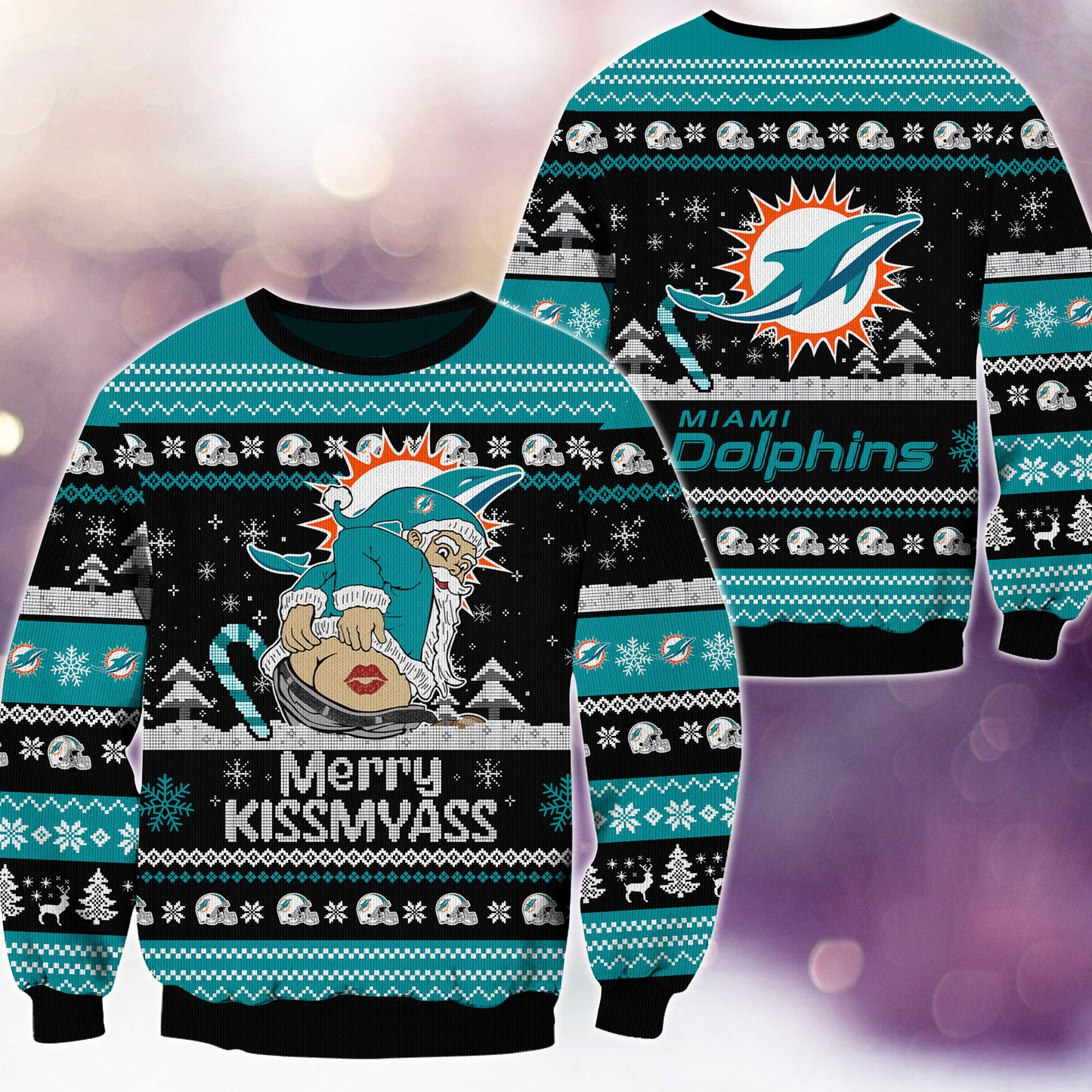 Premium Ugly Christmas Sweater For Miami Dolphins  - Miami Dolphins Merrykissmyass Knitted Sweater - Unique Christmas Gift For Fan