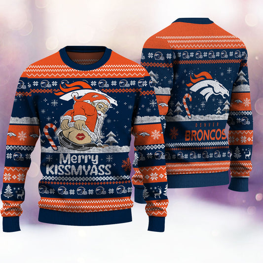 Premium Ugly Christmas Sweater For Denver Broncos  - Denver Broncos Merrykissmyass Knitted Sweater - Unique Christmas Gift For Fan