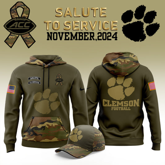 Premium Clemson Tigers Gear - Clemson Football Clemson Tigers Camo 2024 Salute to Service Club Fleece Pullover Hoodie CT01