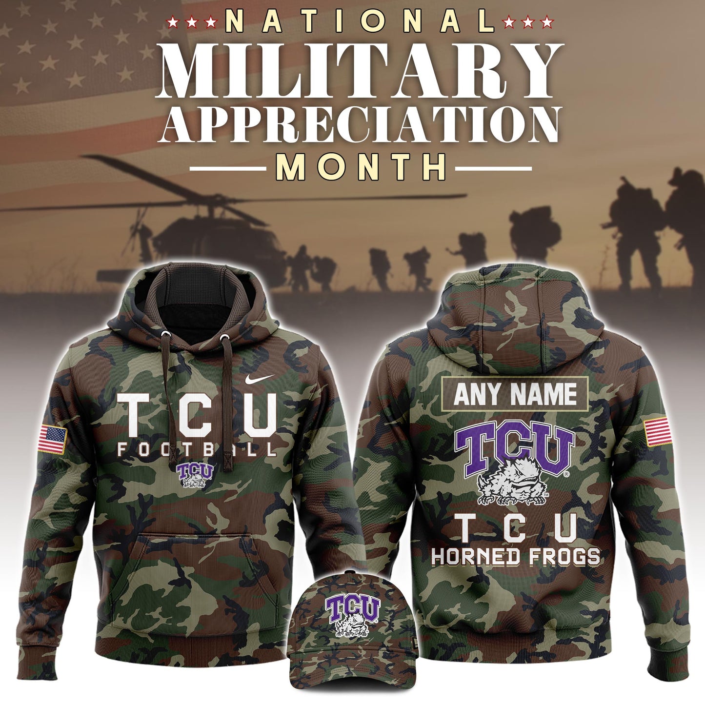 Premium NCAA Camo Gear - TCU 2025 Military Appreciation Club Hoodie