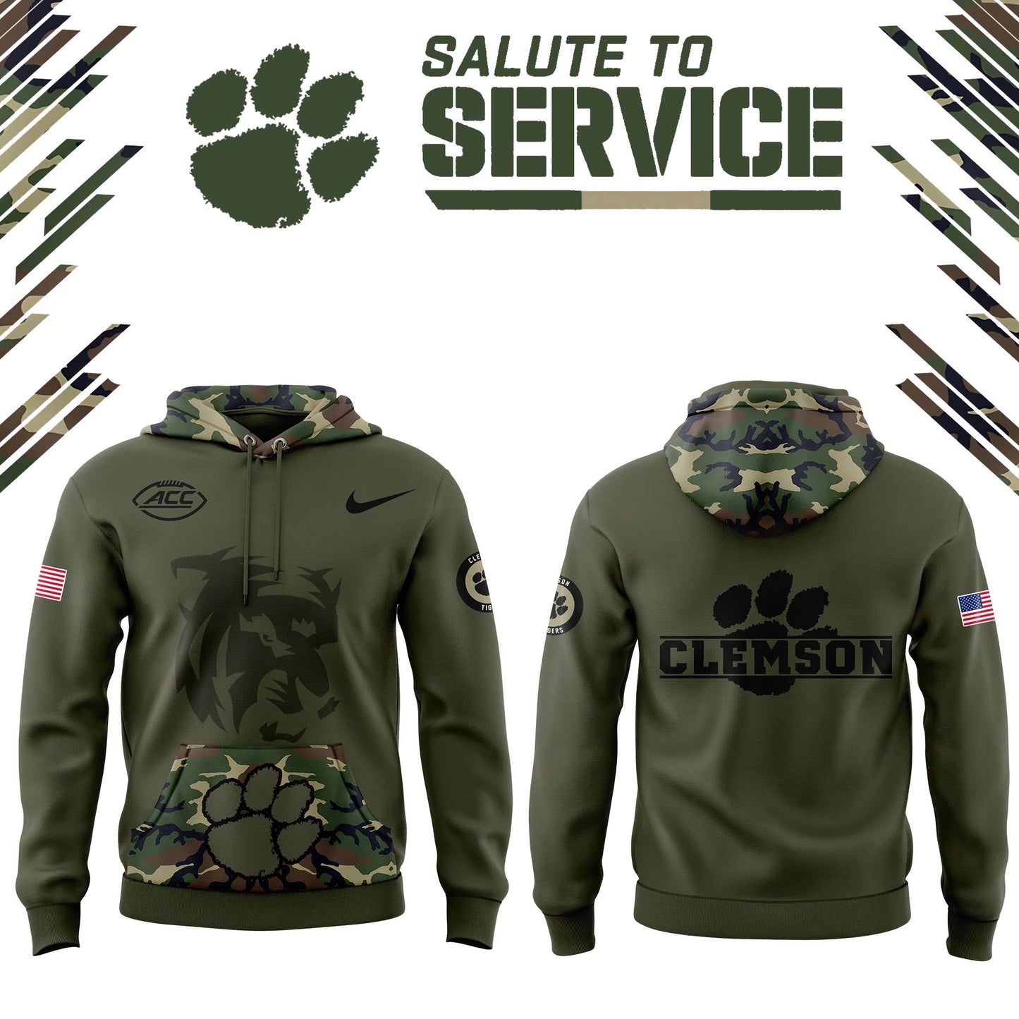 Premium Clemson Tigers Gear - Clemson Football Clemson Tigers Camo 2024 Salute to Service Club Fleece Pullover Hoodie CT07