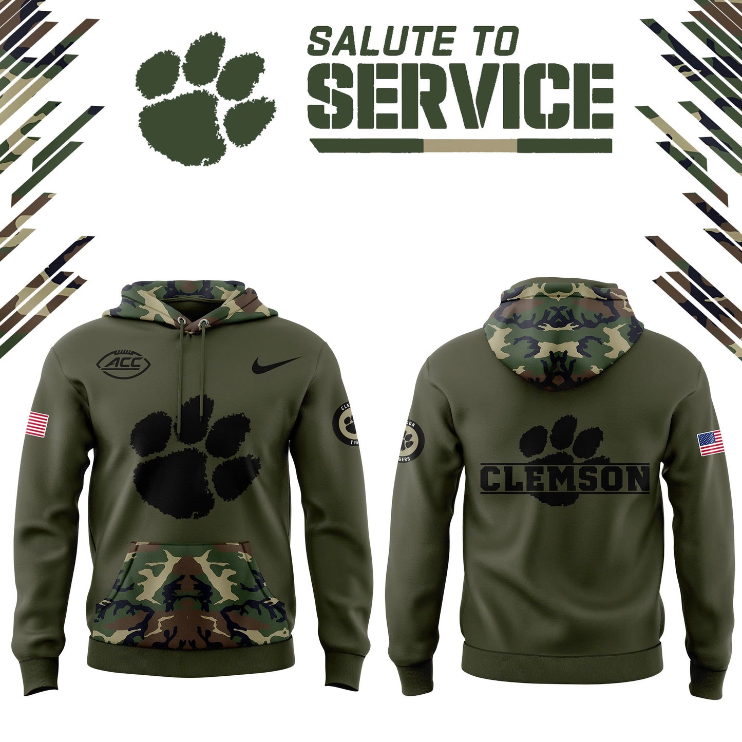 Premium Clemson Tigers Gear - Clemson Football Clemson Tigers Camo 2024 Salute to Service Club Fleece Pullover Hoodie CT08