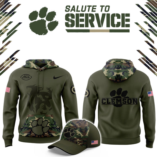 Premium Clemson Tigers Gear - Clemson Football Clemson Tigers Camo 2024 Salute to Service Club Fleece Pullover Hoodie CT07