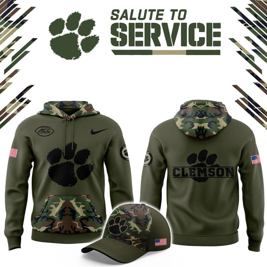 Premium Clemson Tigers Gear - Clemson Football Clemson Tigers Camo 2024 Salute to Service Club Fleece Pullover Hoodie CT08