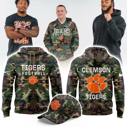 Premium Clemson Tigers Gear - Clemson Football Clemson Tigers Camo 2024 Salute to Service Club Fleece Pullover Hoodie CT09