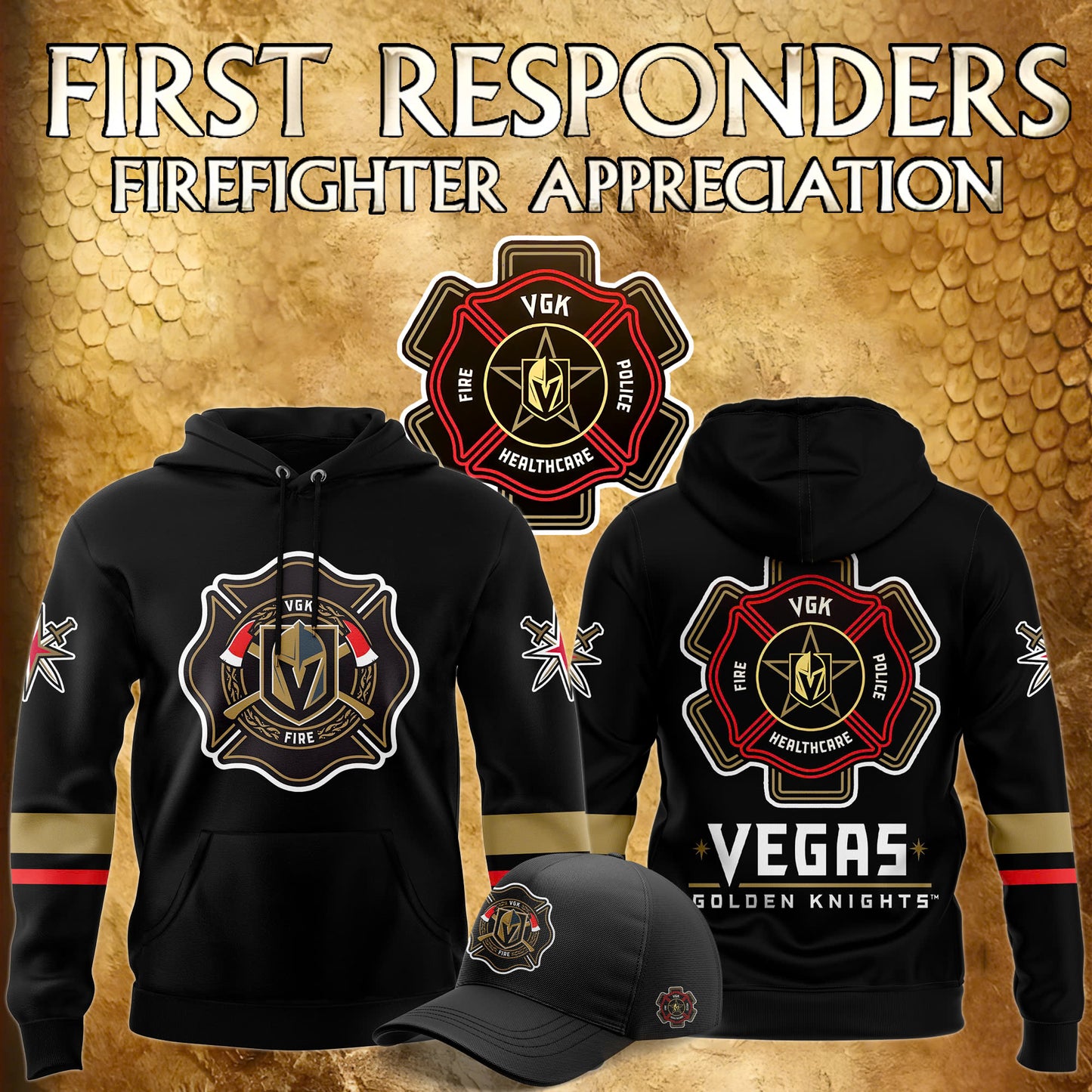 Premium Merch For Loyalists - Vegas Golden Knights x 2024 Firefighter Appreciation Night Premium Limited Hoodie