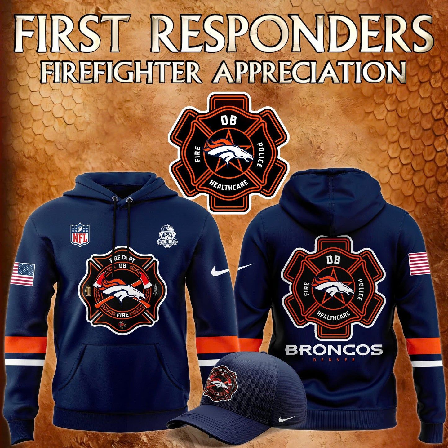 Premium Denver Broncos Gear - Denver Broncos x 2024 Firefighter Appreciation Night Premium Limited Pullover Hoodie